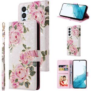 Wallet‎ Case for Samsung Galaxy S24 5G – RFID Blocking PU Leather – White Rose